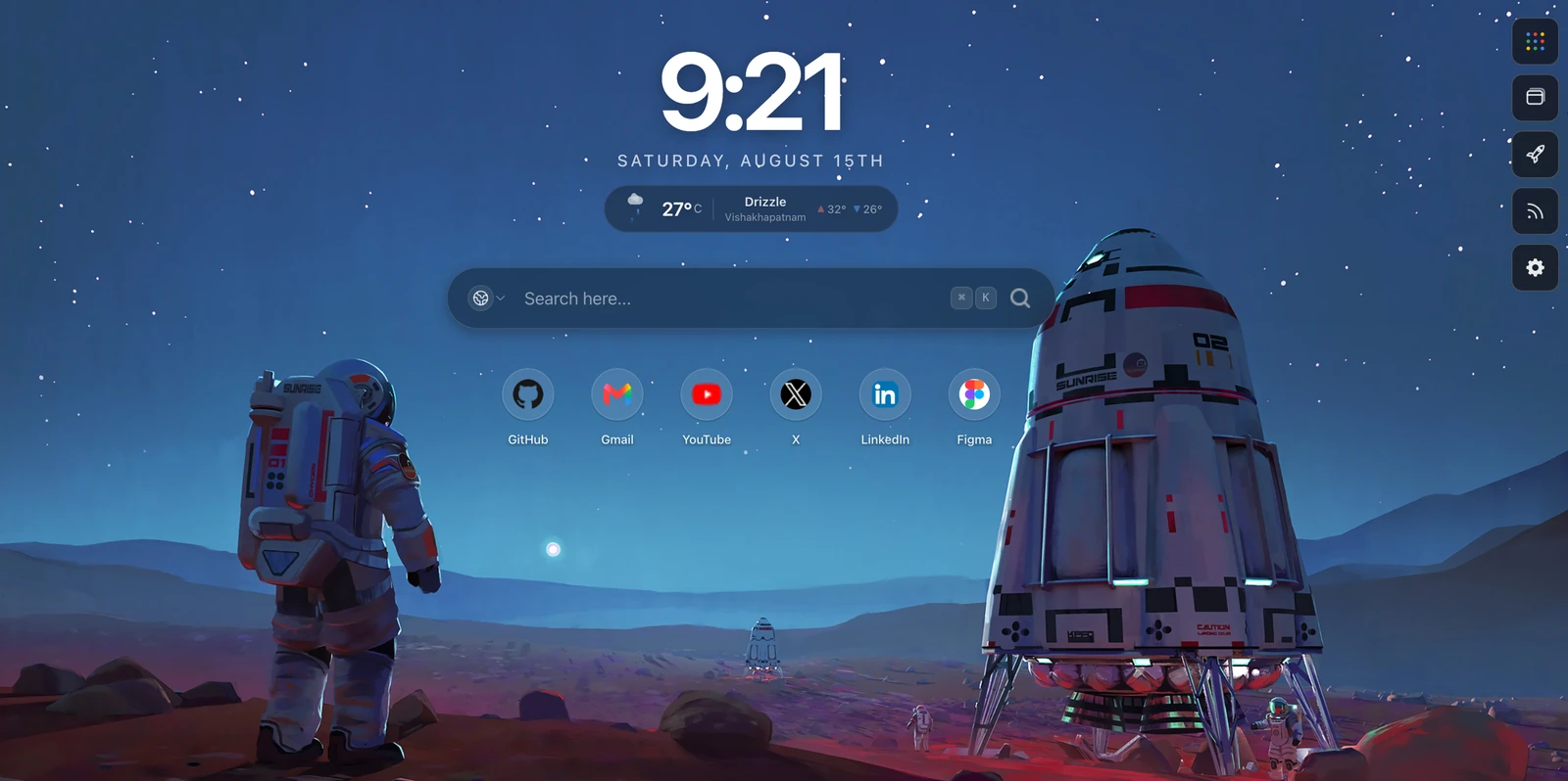 Sparkly new tab with clock, weather, search, quick links, and a compact action rail