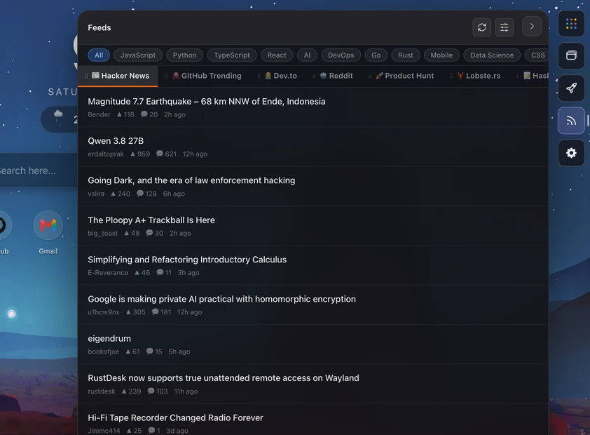 Sparkly Feed Hub open beside the new tab