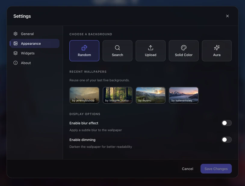 Sparkly wallpaper and personalization controls