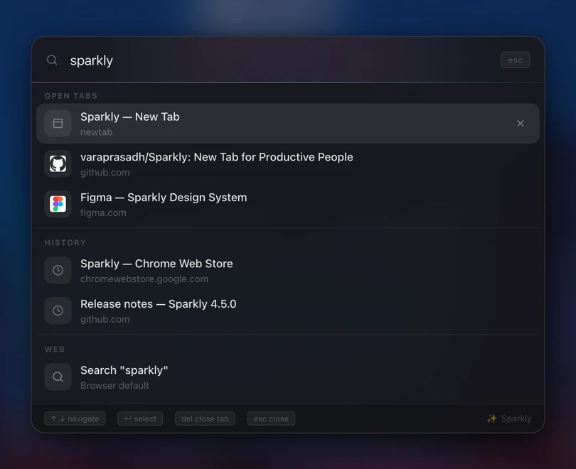 Sparkly Universal Search showing tabs, history, and web suggestions